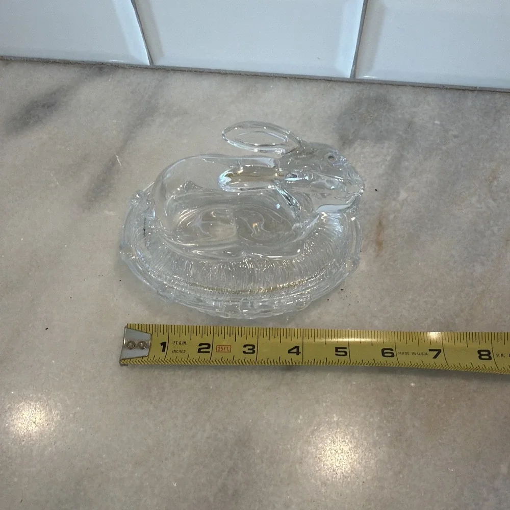 Vtg William Sonoma Bunny on Nest Rabbit Clear Glass‎ Covered Candy Dish